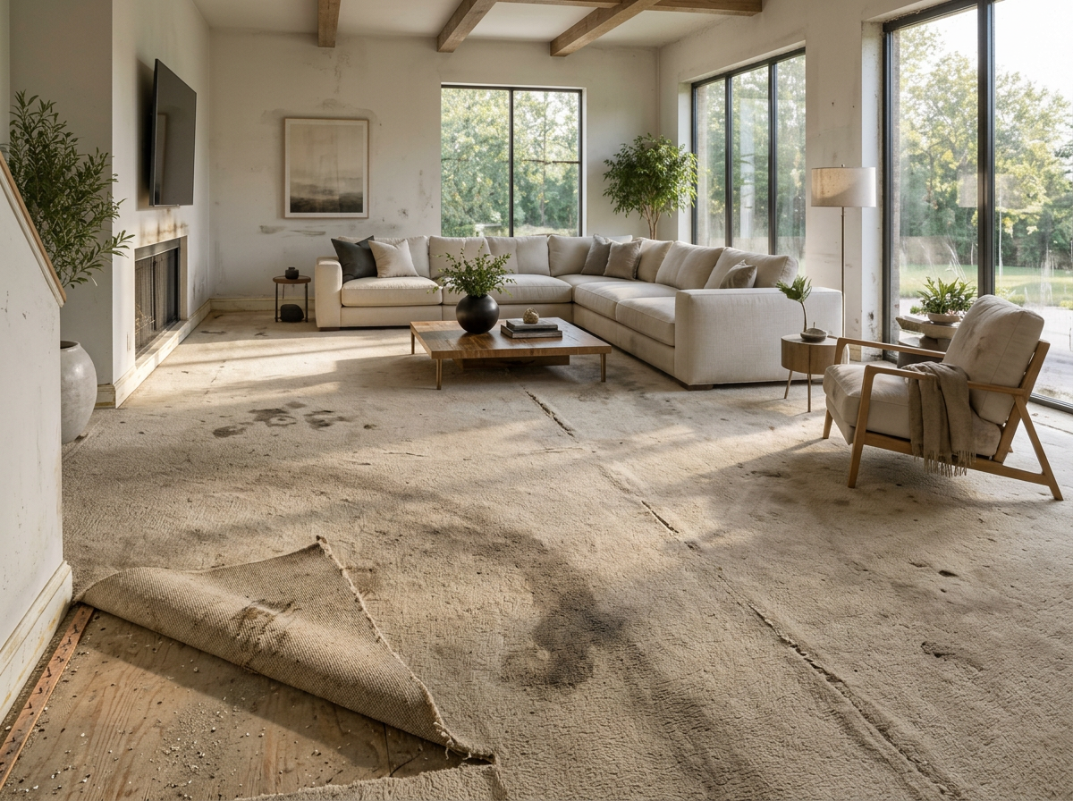 Worn Carpet to Wide-Plank Hardwood — before