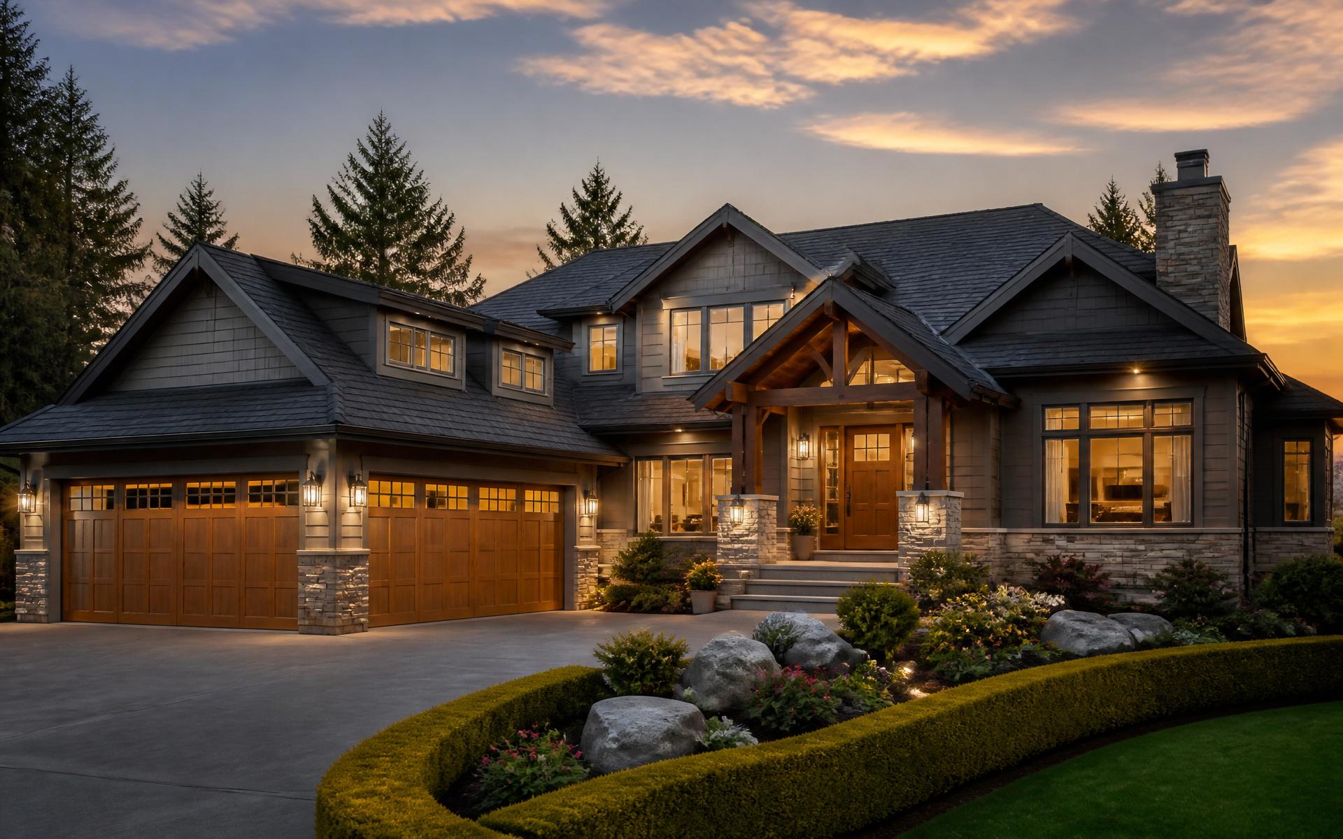 Beautifully renovated luxury home exterior at dusk by REN Specialists